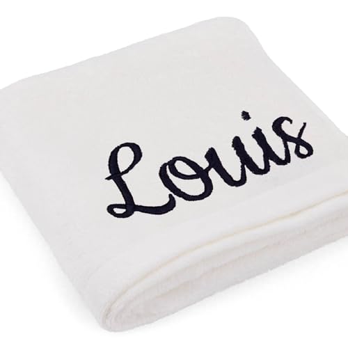 Cawö Premium Handtuch mit Namen oder Wunschtext Bestickt, personalisiertes Badetuch, individuelles Badetuch, 100% Baumwolle, 100 x 160 cm Weiß von Deitert