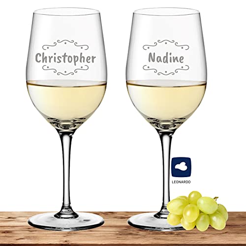 Deitert Leonardo Weißweinglas-Set mit Namen oder Wunschtext graviert, 2er-Set, 300ml, Ciao+, personalisiertes Premium Weinglas in Gastroqualität,(Verzierung 02) von Deitert