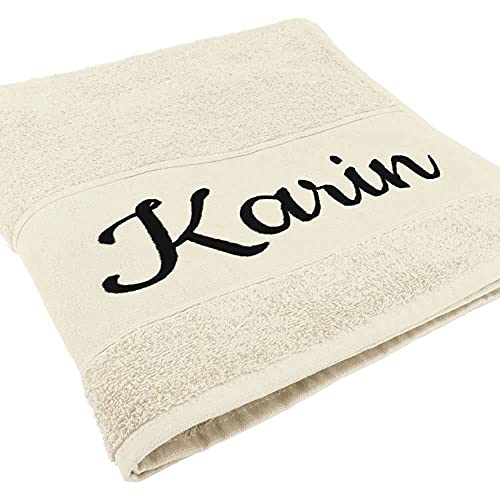 Handtuch mit Namen oder Wunschtext Bestickt, personalisiertes Duschtuch, individuelles Badetuch, 100% Baumwolle, 100 x 50 cm Natur von Deitert