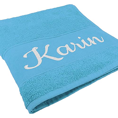 Handtuch mit Namen oder Wunschtext Bestickt, personalisiertes Duschtuch, individuelles Badetuch, 100% Baumwolle, 140 x 70 cm hellblau von Deitert