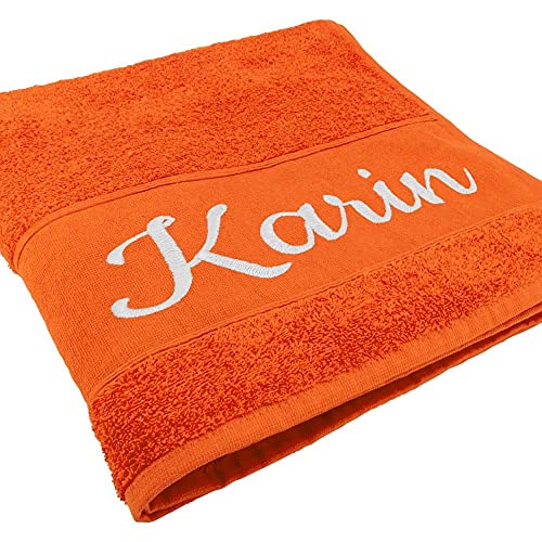 Handtuch mit Namen oder Wunschtext Bestickt, personalisiertes Duschtuch, individuelles Badetuch, 100% Baumwolle, 180 x 100 cm orange von Deitert
