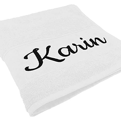 Handtuch mit Namen oder Wunschtext Bestickt, personalisiertes Duschtuch, individuelles Badetuch, 100% Baumwolle, 180 x 100 cm weiß von Deitert