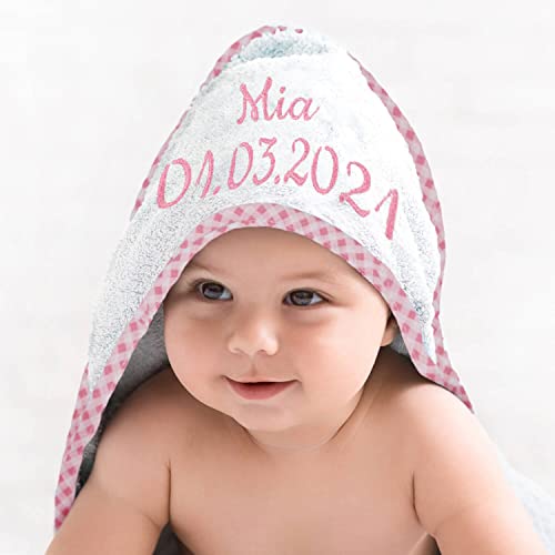 Kapuzenhandtuch Bestickt mit Name, Geburtsdatum oder Wunschtext, 100% Baumwolle - ÖkoTex geprüft, Babyhandtuch extra weich, für Mädchen und Jungen - rosa Kapuzenhandtuch Bestickt mit Name, Geburtsdatum oder Wunschtext, 100% Baumwolle - ÖkoTex geprüft, Babyhandtuch extra weich, für Mädchen und Jungen - rosa von Deitert