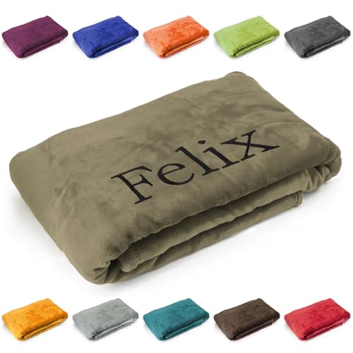 Deitert Kuscheldecke mit Namen oder Wunschtext Bestickt,200cm x 150cm extra weiche und gemütliche Sofadecke/Wohndecke, hochwertiges Fleece, personalisiertes Geschenk (Taupe) von Deitert
