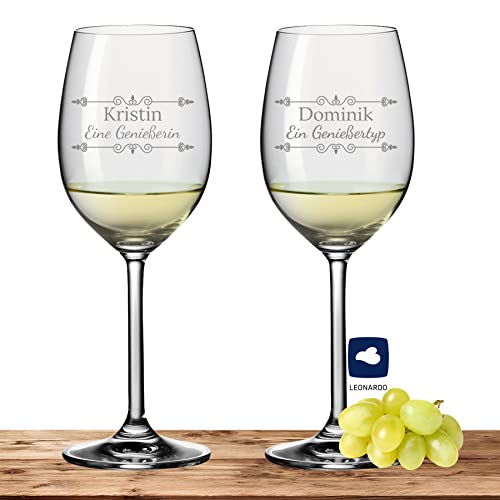Deitert Leonardo Weißweinglas-Set mit Namen oder Wunschtext graviert, 2er-Set, 370ml, Ciao+, personalisiertes Premium Weinglas in Gastroqualität, (Verzierung 01) von Deitert