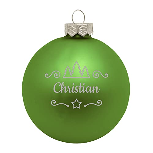 Deitert Weihnachtskugel mit Namen oder Wunschtext graviert, Ø 8cm, personalisierte Christbaumkugel aus Glas (matt), individueller Weihnachtsbaumschmuck mit Gravur, Tannen-Motiv, Hellgrün von Deitert
