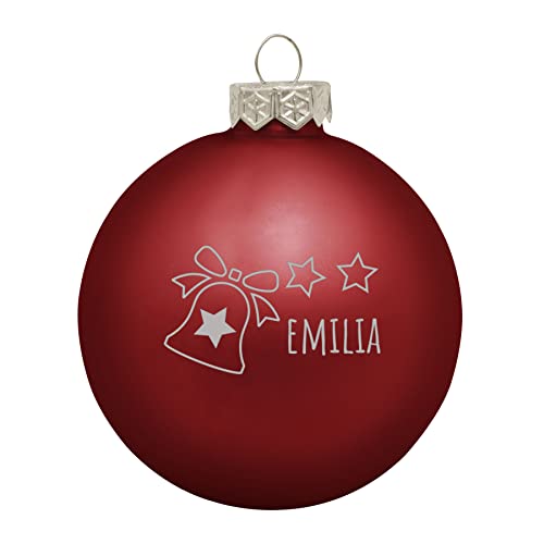 Deitert Weihnachtskugel mit Wunschtext Gravur, Ø 8cm, personalisierte Christbaumkugel aus Glas (matt), Individueller Weihnachtsbaumschmuck Namen oder Spruch, Glocke-Motiv, rot von Deitert