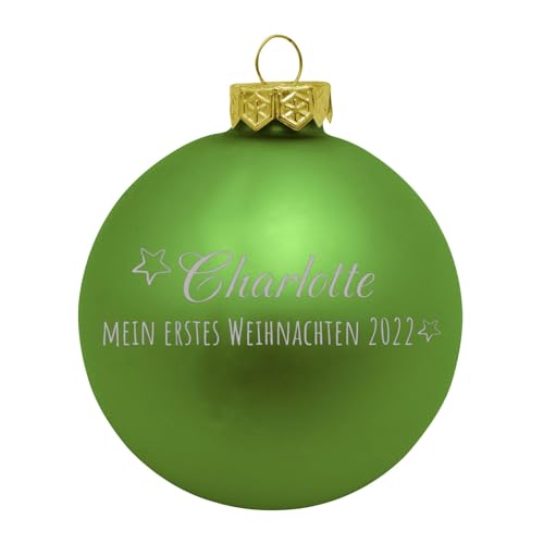 Weihnachtskugel 'Erstes Weihnachten'- Ø 8cm aus Glas - Christbaumkugel mit Lasergravur Blau (Glänzend) von Deitert