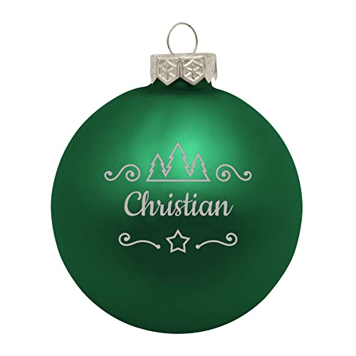 Deitert Weihnachtskugel mit Namen oder Wunschtext graviert, Ø 8cm, personalisierte Christbaumkugel aus Glas (matt), individueller Weihnachtsbaumschmuck mit Gravur, Tannen-Motiv, Grün von Deitert