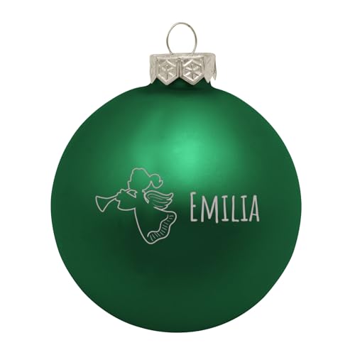 Deitert Weihnachtskugel mit Wunschtext Gravur, Ø 8cm, personalisierte Christbaumkugel aus Glas (matt), Individueller Weihnachtsbaumschmuck Namen oder Spruch, Engel-Motiv, Grün von Deitert