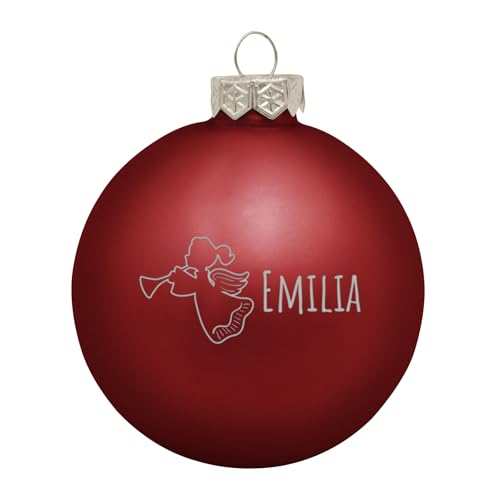 Deitert Weihnachtskugel mit Wunschtext Gravur, Ø 8cm, personalisierte Christbaumkugel aus Glas (matt), Individueller Weihnachtsbaumschmuck Namen oder Spruch, Engel-Motiv, Rot von Deitert