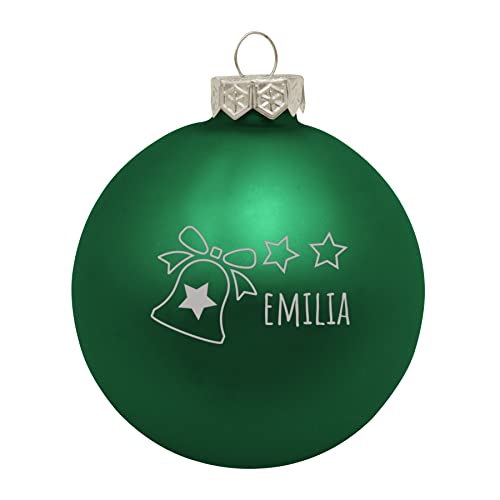 Deitert Weihnachtskugel mit Wunschtext Gravur, Ø 8cm, personalisierte Christbaumkugel aus Glas (matt), Individueller Weihnachtsbaumschmuck Namen oder Spruch, Glocken-Motiv, Grün von Deitert