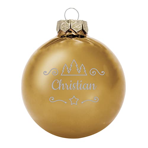 Deitert Weihnachtskugel mit Namen oder Wunschtext graviert, Ø 8cm, personalisierte Christbaumkugel aus Glas (glänzend), individueller Weihnachtsbaumschmuck mit Gravur, Tannen-Motiv, Gold von Deitert