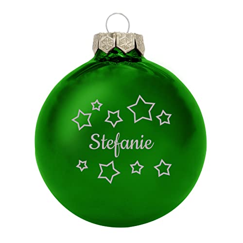 Deitert Weihnachtskugel mit Namen oder Wunschtext graviert, Ø 8cm, personalisierte Christbaumkugel aus Glas (glänzend), individueller Weihnachtsbaumschmuck mit Gravur, Sternen-Motiv, Grün von Deitert