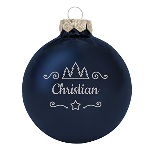 Deitert Weihnachtskugel mit Namen oder Wunschtext graviert, Ø 8cm, personalisierte Christbaumkugel aus Glas (glänzend), individueller Weihnachtsbaumschmuck mit Gravur, Tannen-Motiv, Blau von Deitert