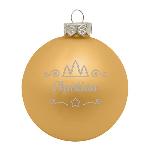 Deitert Weihnachtskugel mit Namen oder Wunschtext graviert, Ø 8cm, personalisierte Christbaumkugel aus Glas (matt), individueller Weihnachtsbaumschmuck mit Gravur, Tannen-Motiv, Gold von Deitert