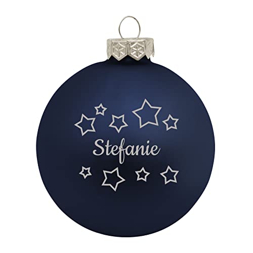 Deitert Weihnachtskugel mit Namen oder Wunschtext graviert, Ø 8cm, personalisierte Christbaumkugel aus Glas (matt), individueller Weihnachtsbaumschmuck mit Gravur, Sternen-Motiv, Blau von Deitert