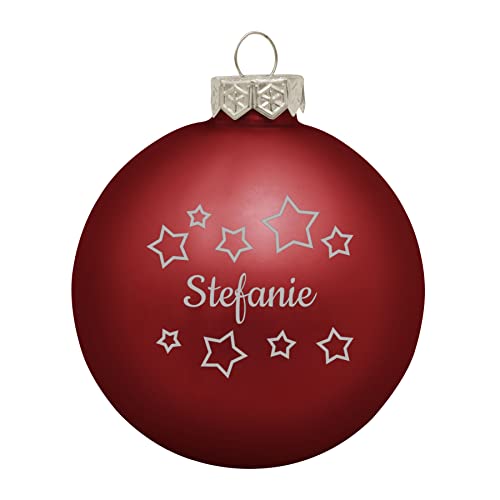 Deitert Weihnachtskugel mit Namen oder Wunschtext graviert, Ø 8cm, personalisierte Christbaumkugel aus Glas (matt), individueller Weihnachtsbaumschmuck mit Gravur, Sternen-Motiv, Rot von Deitert