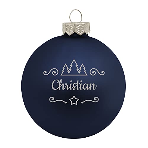 Deitert Weihnachtskugel mit Namen oder Wunschtext graviert, Ø 8cm, personalisierte Christbaumkugel aus Glas (matt), individueller Weihnachtsbaumschmuck mit Gravur, Tannen-Motiv, Blau von Deitert