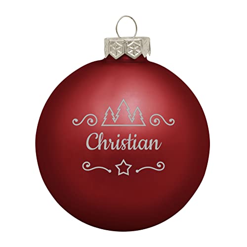 Deitert Weihnachtskugel mit Namen oder Wunschtext graviert, Ø 8cm, personalisierte Christbaumkugel aus Glas (matt), individueller Weihnachtsbaumschmuck mit Gravur, Tannen-Motiv, Rot von Deitert