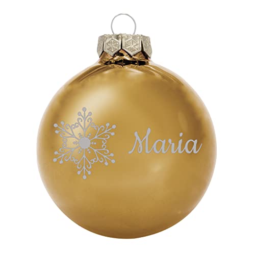 Deitert Weihnachtskugel mit Wunschtext Gravur, Ø 8cm, personalisierte Christbaumkugel aus Glas (glänzend), Individueller Weihnachtsbaumschmuck Namen oder Spruch, Schneeflocken-Motiv Gold von Deitert