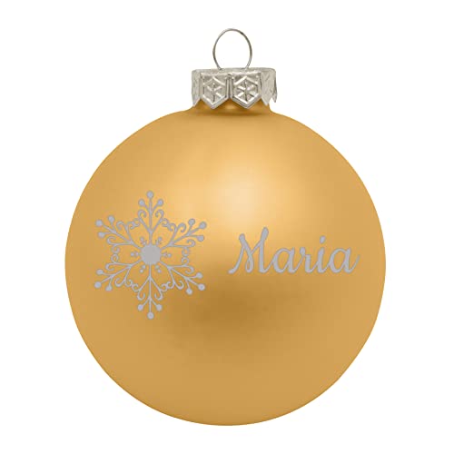 Deitert Weihnachtskugel mit Namen oder Wunschtext graviert, Ø 8cm, personalisierte Christbaumkugel aus Glas (matt), individueller Weihnachtsbaumschmuck mit Gravur, Schneeflocken-Motiv, Gold von Deitert