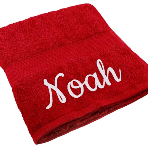 Handtuch Juist mit Namen oder Wunschtext Bestickt, personalisiertes Duschtuch, individuelles Badetuch, 100% Baumwolle, 50 x 100 cm rot von Deitert