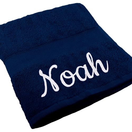Handtuch Juist mit Namen oder Wunschtext Bestickt, personalisiertes Duschtuch, individuelles Badetuch, 100% Baumwolle, 70 x 140 cm Navyblau von Deitert