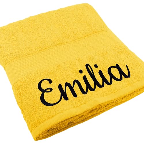 Handtuch Juist mit Namen oder Wunschtext Bestickt, personalisiertes Duschtuch, individuelles Badetuch, 100% Baumwolle, 70 x 140 cm gelb von Deitert