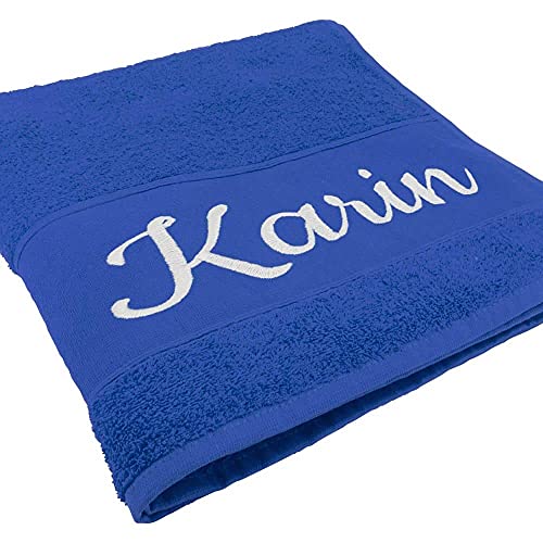 Handtuch mit Namen oder Wunschtext Bestickt, personalisiertes Duschtuch, individuelles Badetuch, 100% Baumwolle, 140 x 70 cm Royalblau von Deitert