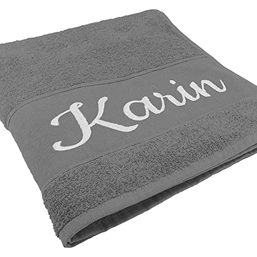 Handtuch mit Namen oder Wunschtext Bestickt, personalisiertes Duschtuch, individuelles Badetuch, 100% Baumwolle, 180 x 100 cm hellgrau von Deitert