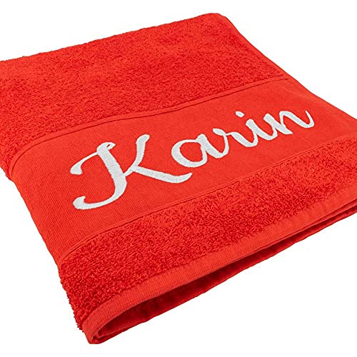 Handtuch mit Namen oder Wunschtext Bestickt, personalisiertes Duschtuch, individuelles Badetuch, 100% Baumwolle, 180 x 100 cm rot von Deitert