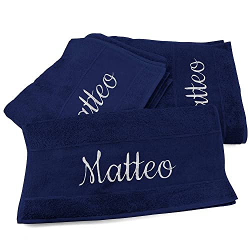 Handtücher 3er Set mit Namen oder Wunschtext Bestickt - Farbe Navyblau - 3 Verschiedene Größen: 180 x 100 cm, 140 x 70 cm und 100 x 50 cm, personalisiertes Duschtuch - Badehandtuch, 100% Baumwolle von Deitert