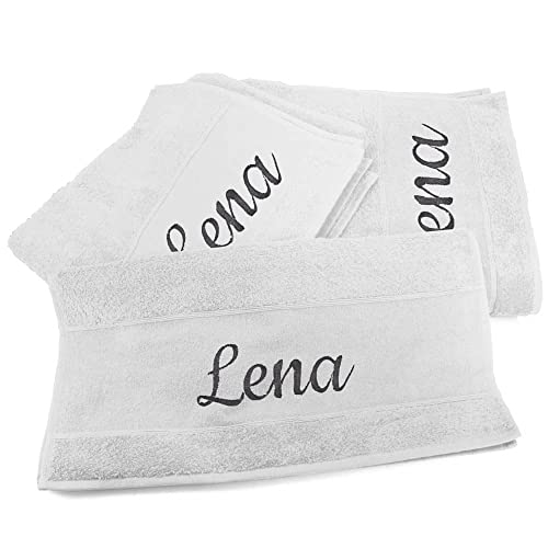 Handtücher 3er Set mit Namen oder Wunschtext Bestickt - Farbe Weiß - 3 Verschiedene Größen: 180 x 100 cm, 140 x 70 cm und 100 x 50 cm, personalisiertes Duschtuch - Badehandtuch, 100% Baumwolle von Deitert