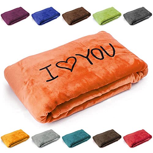 Kuscheldecke 'I love you', Geschenk zu Valentinstag, Geburtstag, Hochzeitstag, hochwertig bestickt, 200cm x 150cm extra weiche und gemütliche Sofadecke/Wohndecke, hochwertiges Fleece (Aprikosenorange) von Deitert