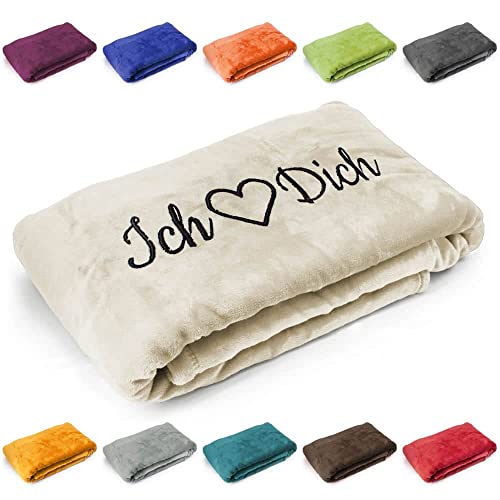 Kuscheldecke 'Ich Liebe Dich', Geschenk zu Valentinstag, Geburtstag, Hochzeitstag, hochwertig Bestickt, 200cm x 150cm extra weiche und gemütliche Sofadecke/Wohndecke, hochwertiges Fleece (Creme) von Deitert