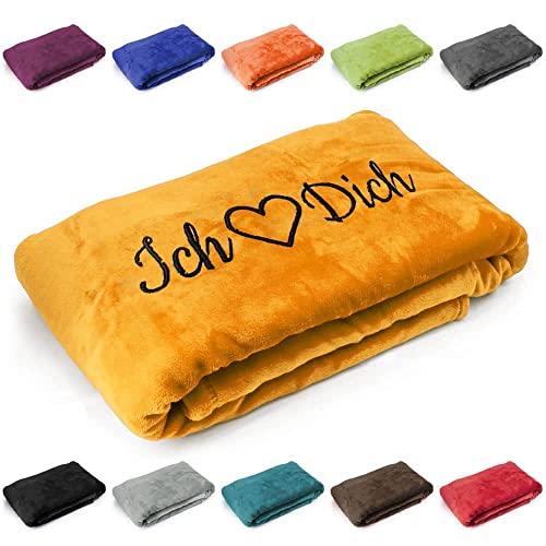 Kuscheldecke 'Ich Liebe Dich', Geschenk zu Valentinstag, Geburtstag, Hochzeitstag, hochwertig Bestickt, 200cm x 150cm extra weiche und gemütliche Sofadecke/Wohndecke, (Safran) von Deitert