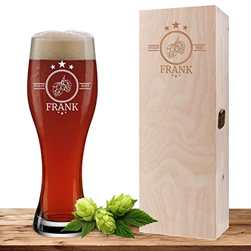 Weizenglas mit Name und Wunschmotiv graviert inkl. Geschenkbox, Bierglas 0,5l mit gravierter Holzbox, individuelles Geschenk, personalisiertes Weißbierglas - Motiv Finest Beer von Deitert