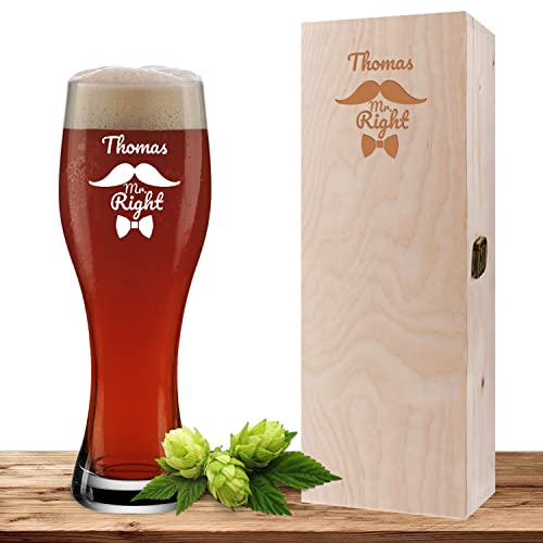 Weizenglas mit Name und Wunschmotiv graviert inkl. Geschenkbox, Bierglas 0,5l mit gravierter Holzbox, individuelles Geschenk, personalisiertes Weißbierglas - Motiv Mr. Right von Deitert