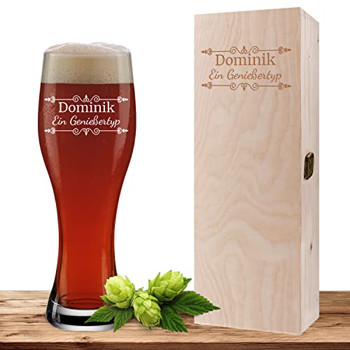 Weizenglas mit Name und Wunschmotiv graviert inkl. Geschenkbox, Bierglas 0,5l mit gravierter Holzbox, individuelles Geschenk, personalisiertes Weißbierglas - Motiv Verzierung01 von Deitert