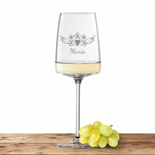Schott Zwiesel Weißweinglas 363ml mit Namen oder Wunschtext graviert - Vivid Senses - personalisiertes Weinglas als Geschenk für Frauen und Männer - Motiv (Weinrebe) von Deitert
