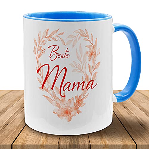 Tasse mit Motiv - Beste Mama - in vielen Farben, perfekt zum Muttertag, Geburtstag, Kaffeetasse mit brillantem Aufdruck, Becher, spülmaschinenfest, Blau-Weiß von Deitert