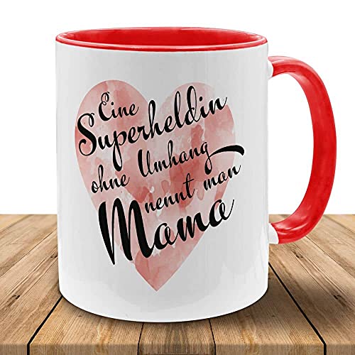 Tasse mit Motiv - Superheldin Mama Herz - in vielen Farben, perfekt zum Muttertag, Geburtstag, Kaffeetasse mit brillantem Aufdruck, Becher, spülmaschinenfest, Herz Rot-Weiß von Deitert