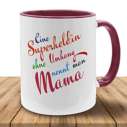 Tasse mit Motiv - Superheldin Mama - in vielen Farben, perfekt zum Muttertag, Geburtstag, Kaffeetasse mit brillantem Aufdruck, Becher, spülmaschinenfest, Bordeaux-Weiß von Deitert