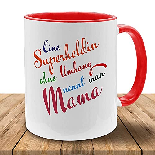 Tasse mit Motiv - Superheldin Mama - in vielen Farben, perfekt zum Muttertag, Geburtstag, Kaffeetasse mit brillantem Aufdruck, Becher, spülmaschinenfest, Rot-Weiß von Deitert