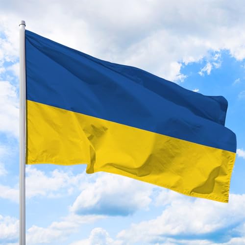 Ukraine Flagge 335 x 200 cm - für Fahnenmast, Ukrainefahne aus reißfestem Fahnen-Polyester-Stoff, Hissfahne Quer wetterfest und UV-beständig von Deitert