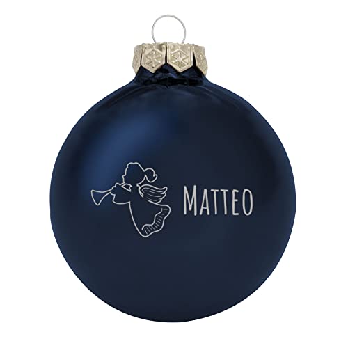 Deitert Weihnachtskugel mit Wunschtext Gravur, Ø 8cm, personalisierte Christbaumkugel aus Glas (glänzend), Individueller Weihnachtsbaumschmuck Namen oder Spruch, Engel-Motiv, Blau von Deitert