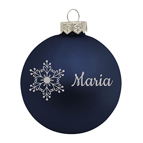 Weihnachtskugel mit Namen oder Wunschtext graviert, Ø 8cm, personalisierte Christbaumkugel aus Glas (matt), individueller Weihnachtsbaumschmuck mit Gravur, Schneeflocke-Motiv, Blau von Deitert
