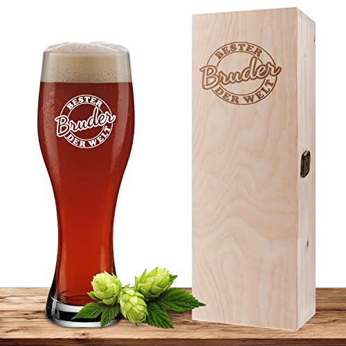 Weizenglas mit Motiv Siegel 'Bester Bruder' inklusive Geschenkbox aus Holz, Bierglas 0,5 Liter mit gravierter Holzbox, Geschenk zum Geburtstag, personalisiertes Weißbierglas von Deitert