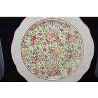Blumen Schale/Hergestellt in Japan Mid-Century Kattun Muster Runde Überbacken Gericht Motiv Bedruckt Rot Gelb Grün Trim von DejaVuDeco